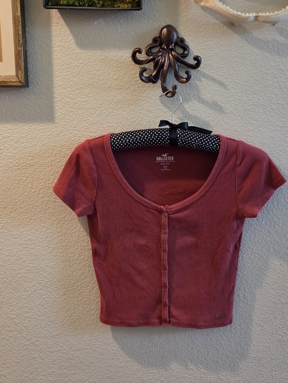 Hollister Dusty Rose Short Sleeve Button Crop Top